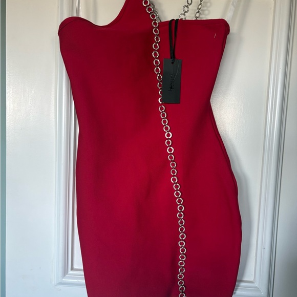 Revolve H’ours Aisha Red One-Shoulder Rhinestone strap cocktail Dress, size 4 - Picture 6 of 7